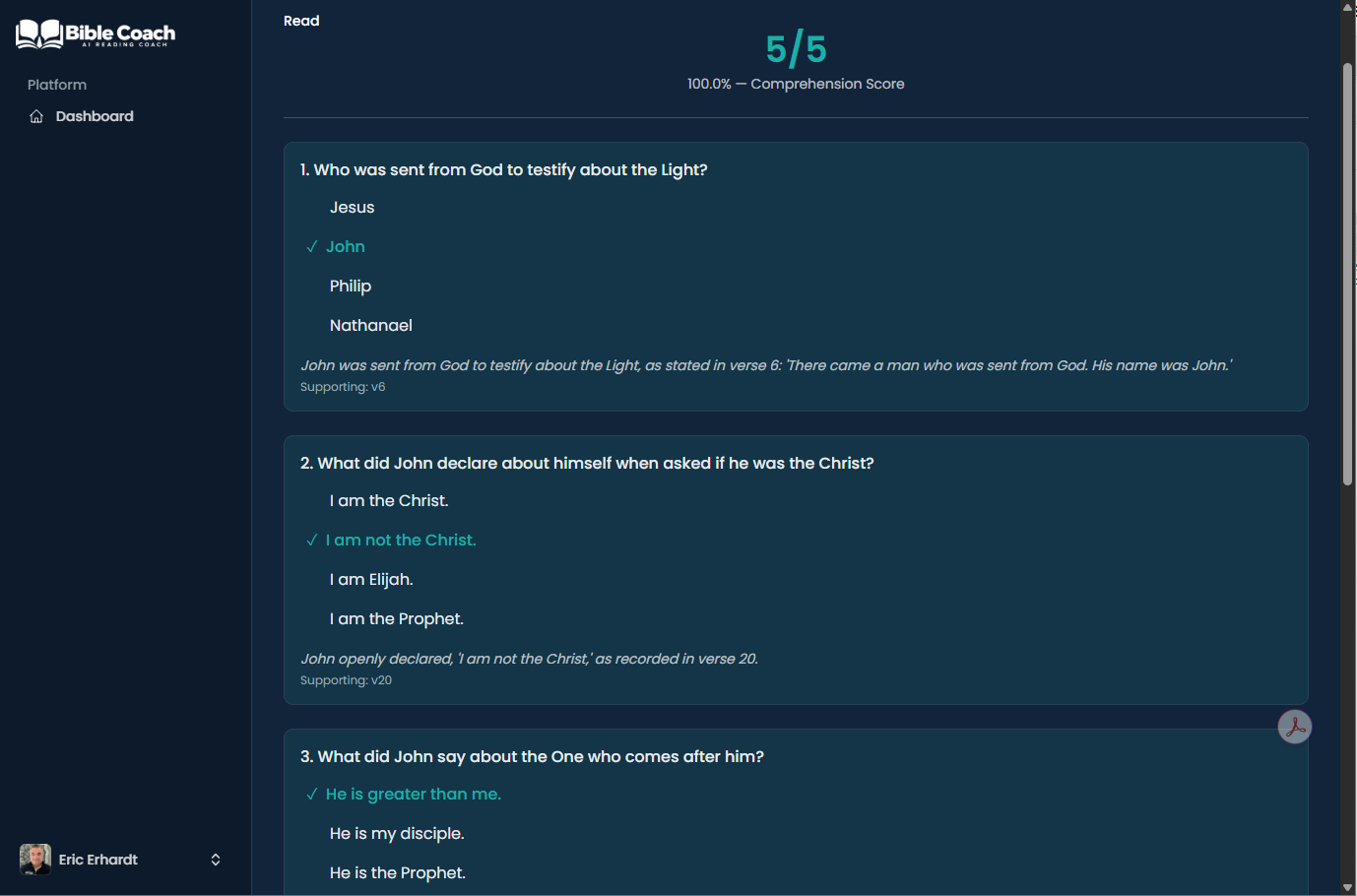 Comprehension quiz results with correct answers and verse references