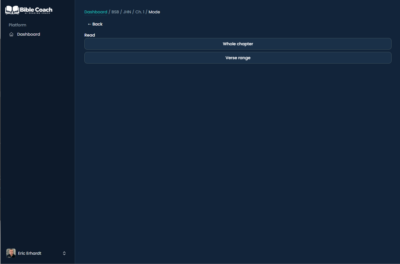 Reading mode selection screen with whole chapter and verse range options