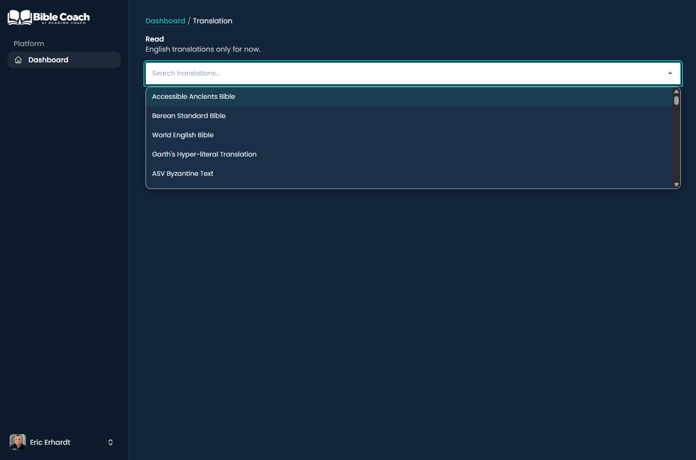 Translation selector showing dozens of English Bible versions