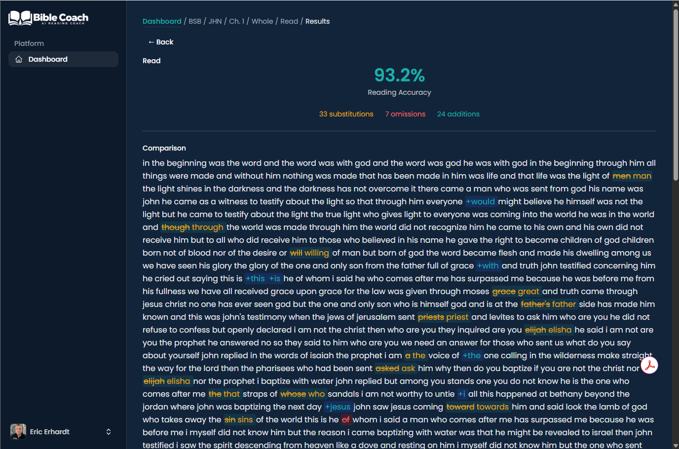 Scoring results showing 91.6% accuracy with color-coded word comparison